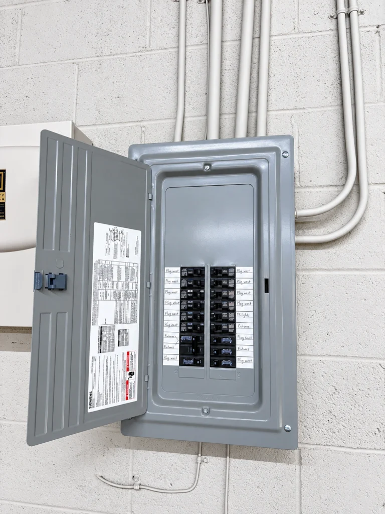 Home Updated electrical breaker panel and conduit mounted on the interior wall.