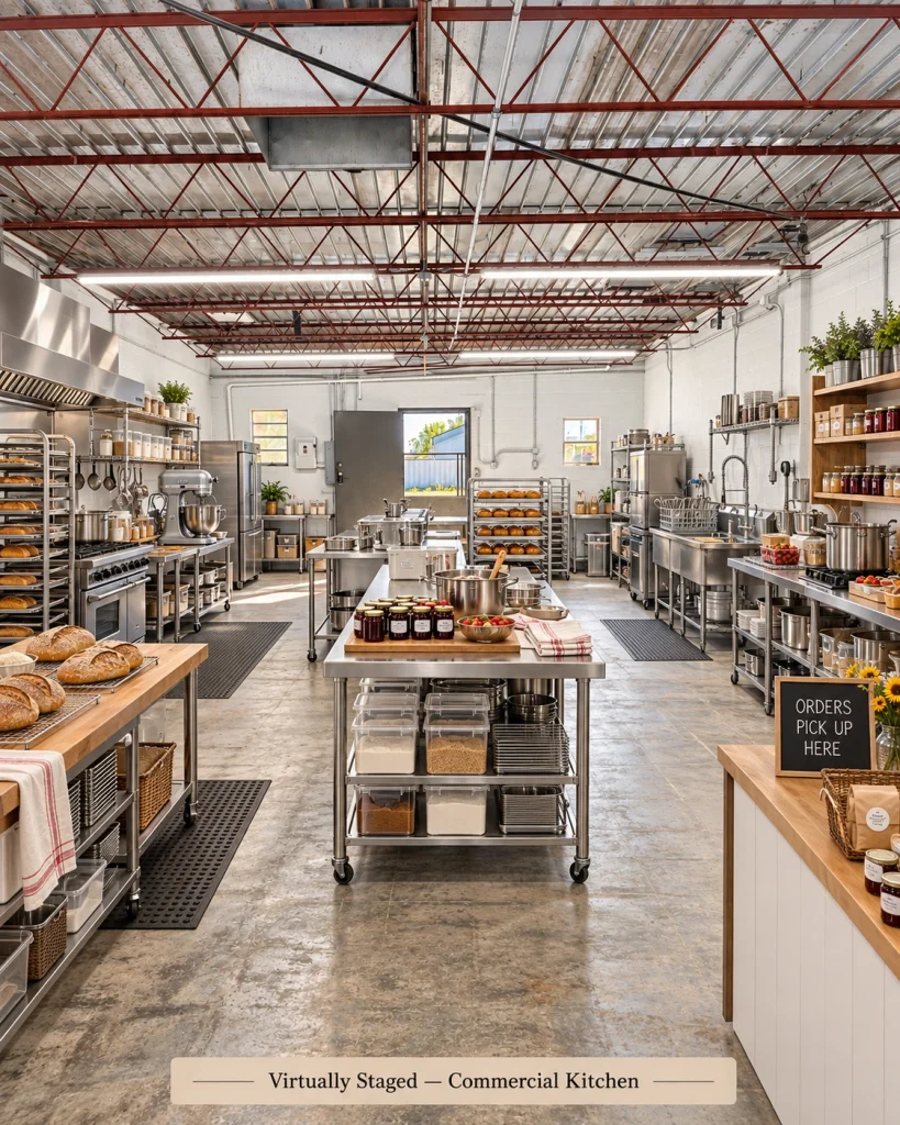 Home Conceptual virtual staging rendering showing the commercial building at 121 E. Madison in Crescent, Oklahoma, imagined as a commercial kitchen.