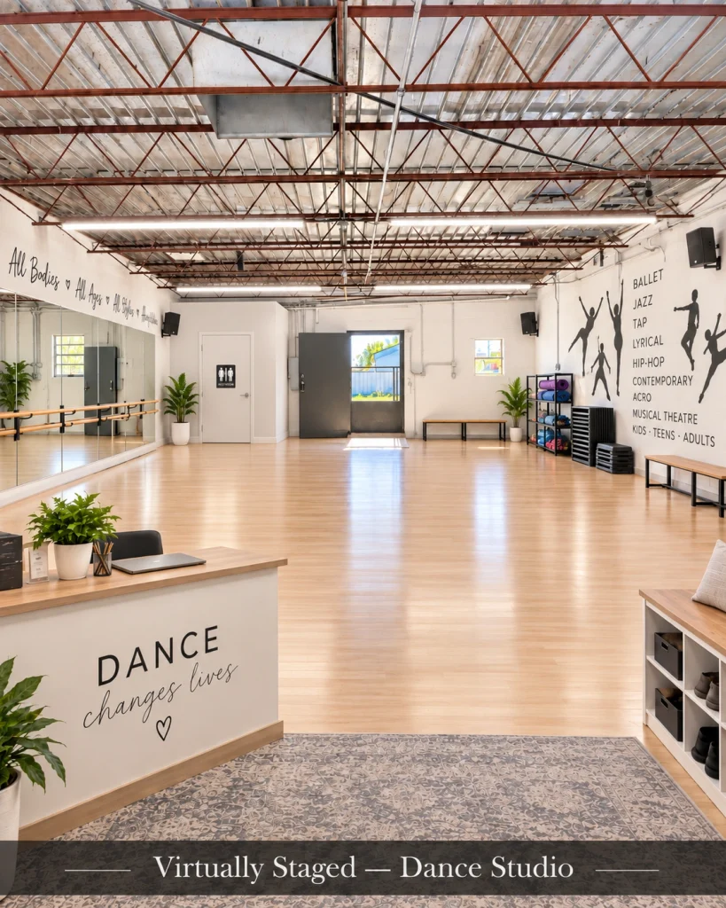 Home Conceptual virtual staging rendering of 121 E. Madison in Crescent, Oklahoma, designed as a dance studio or movement space.