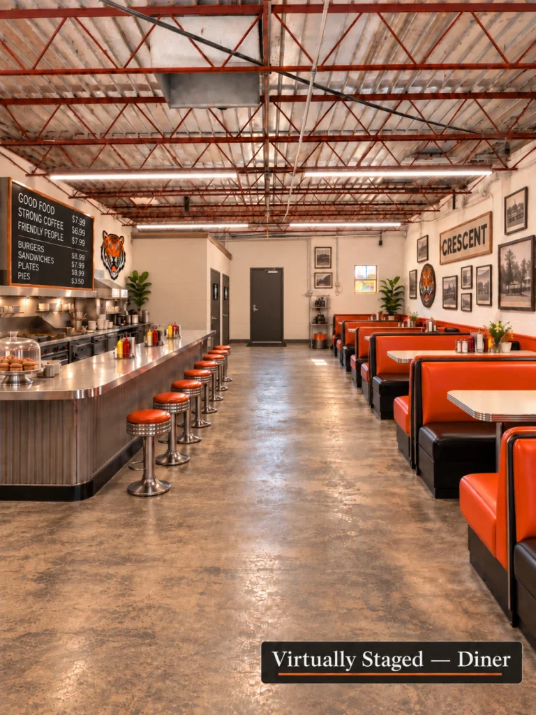 Home Conceptual virtual staging rendering of the commercial building at 121 E. Madison in Crescent, Oklahoma, imagined as a neighborhood café or diner.