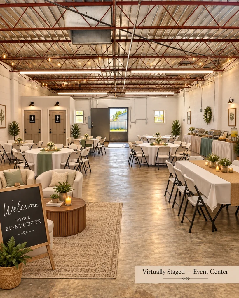 Home Conceptual virtual staging rendering of 121 E. Madison in Crescent, Oklahoma, transformed into a small event venue or gathering space.