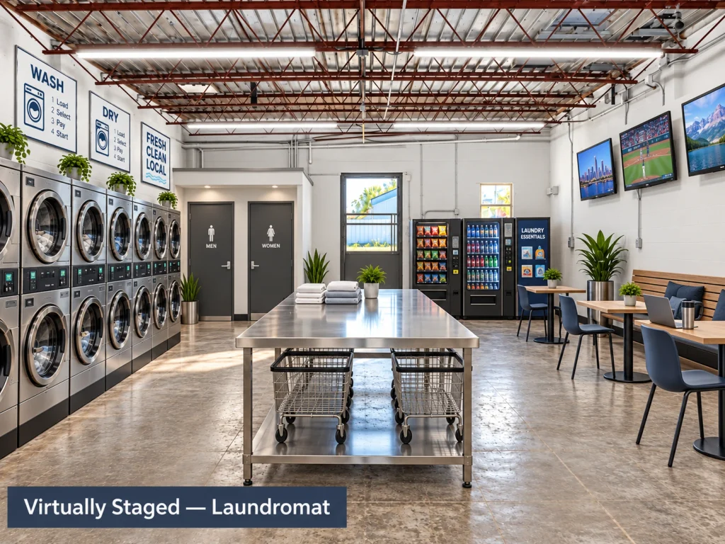 Home Conceptual virtual staging rendering of 121 E. Madison in Crescent, Oklahoma, reimagined as a laundromat with customer laundry facilities.