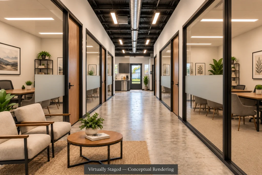 Home Conceptual virtual staging rendering showing the commercial building at 121 E. Madison in Crescent, Oklahoma, designed as a shared coworking office.
