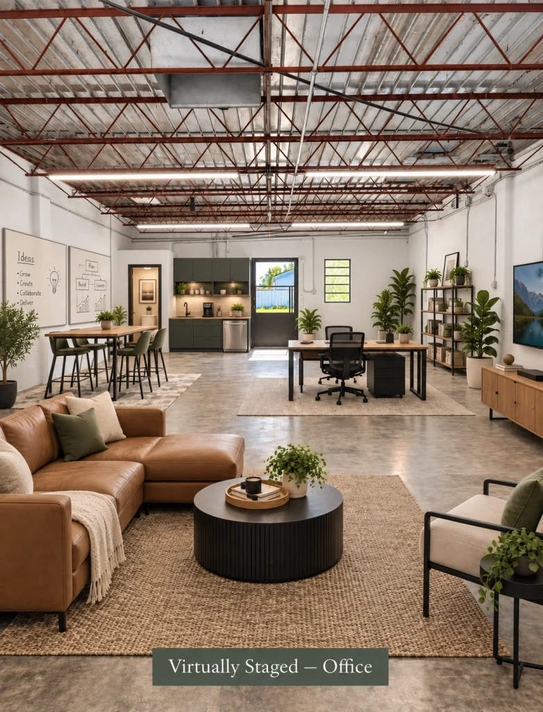 Home Conceptual virtual staging rendering of the commercial interior at 121 E. Madison in Crescent, Oklahoma, imagined as a professional business office.