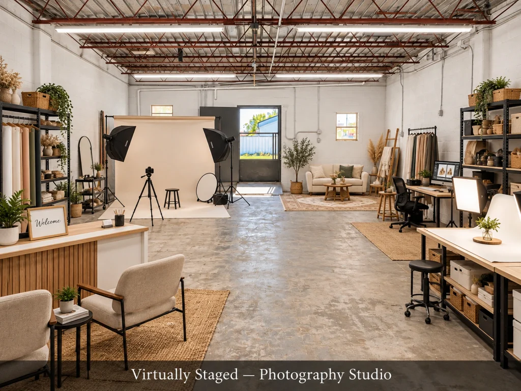 Home Conceptual virtual staging rendering of 121 E. Madison in Crescent, Oklahoma, reimagined as a photography studio with a creative workspace.