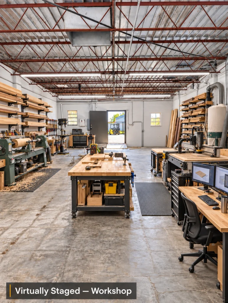 Home Conceptual virtual staging rendering showing the commercial building at 121 E. Madison in Crescent, Oklahoma, imagined as a workshop or maker space.