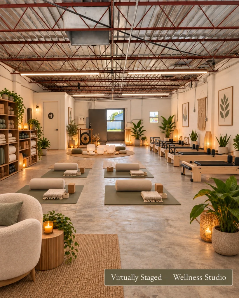 Home Conceptual virtual staging rendering of the 1,250-square-foot commercial building at 121 E. Madison in Crescent, Oklahoma, transformed into a wellness and yoga studio.